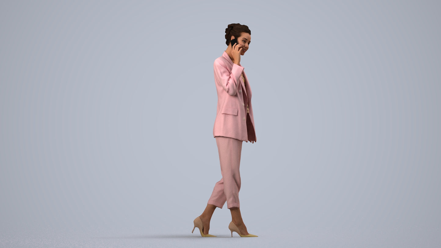 3D human model woman business walking, photogrammetry scanned person for archviz, side view render