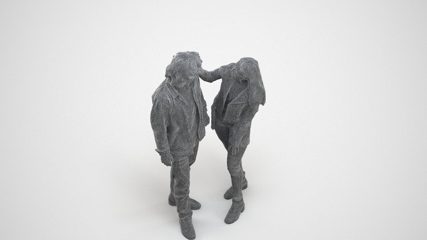 realistic 3D woman casual couple, scanned archviz people for Blender and 3ds Max, wireframe three-quarter view