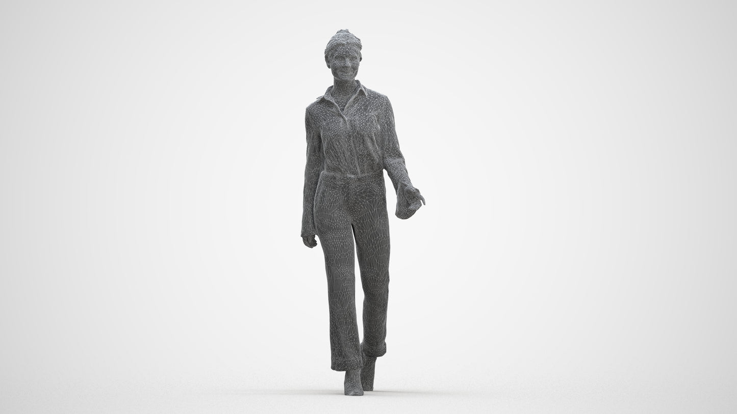 3D human model woman business walking, photogrammetry scanned person for archviz, three-quarter front view render