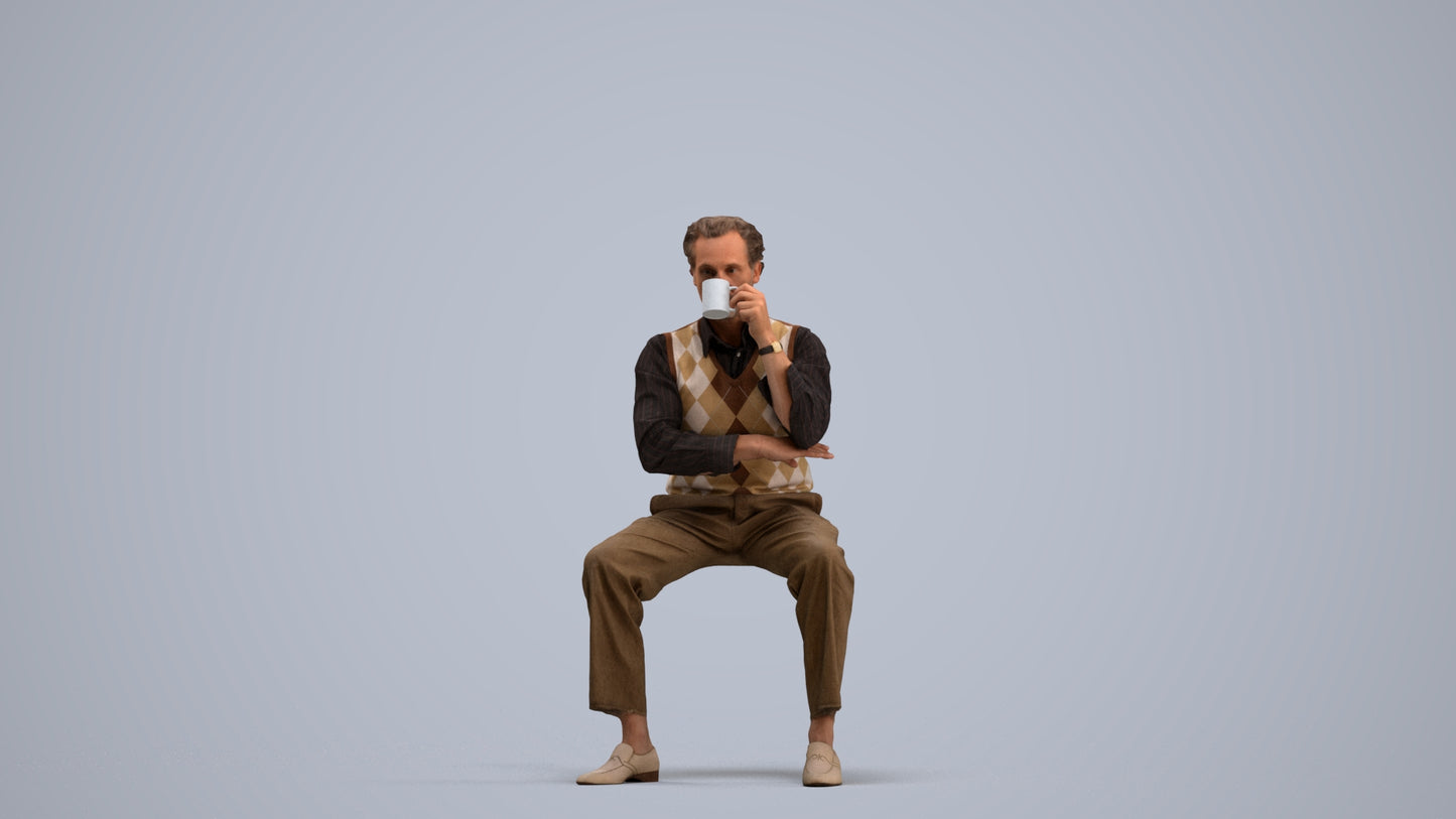realistic 3D man business sitting, scanned archviz people for Blender and 3ds Max, standing pose render