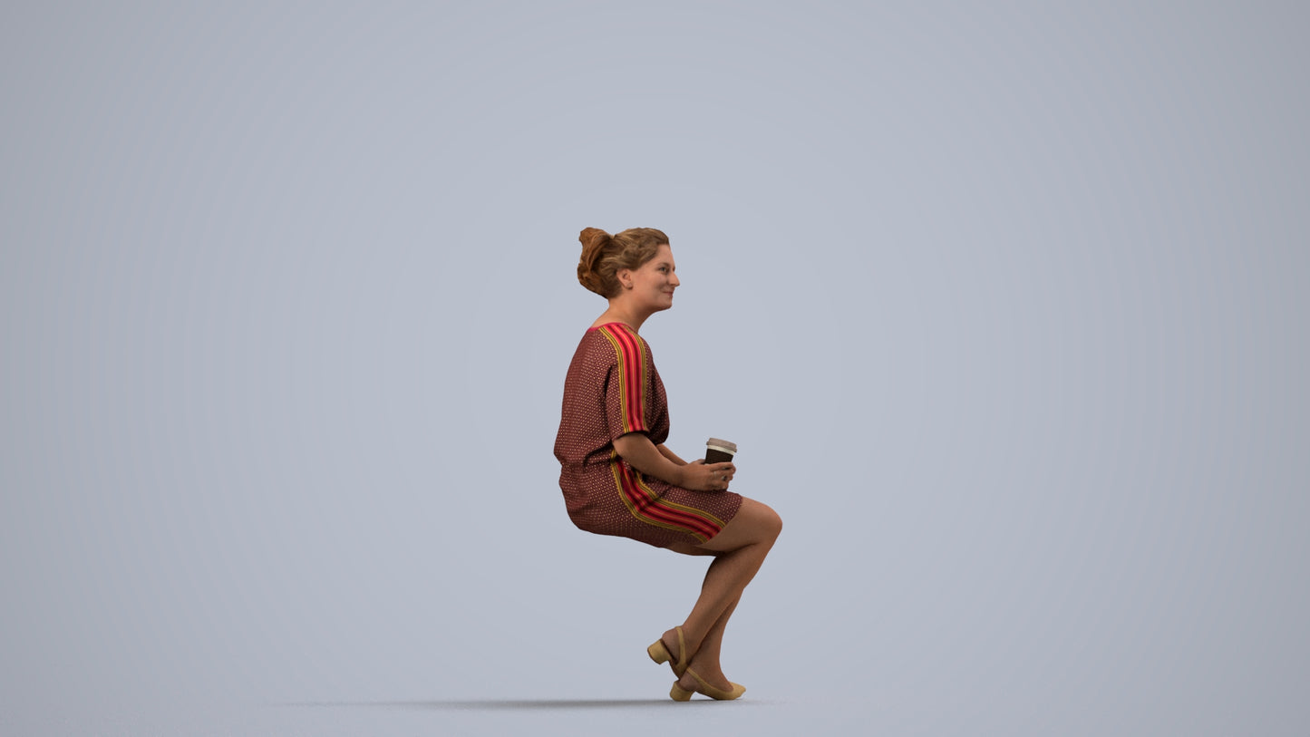 3D human model woman casual sitting, photogrammetry scanned person for archviz, side view render