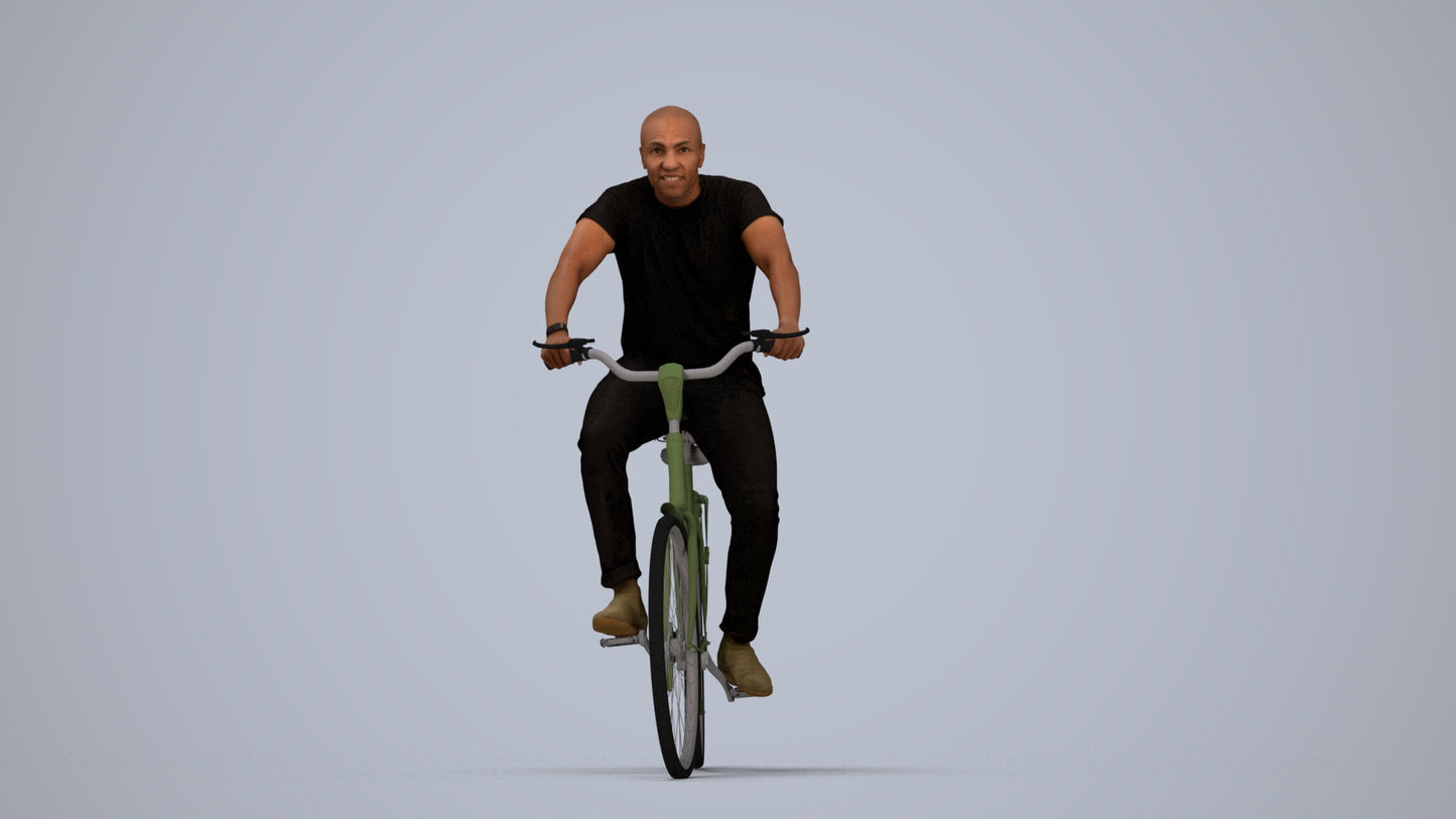 realistic 3D man casual cycling, scanned archviz people for Blender and 3ds Max, top-down view render