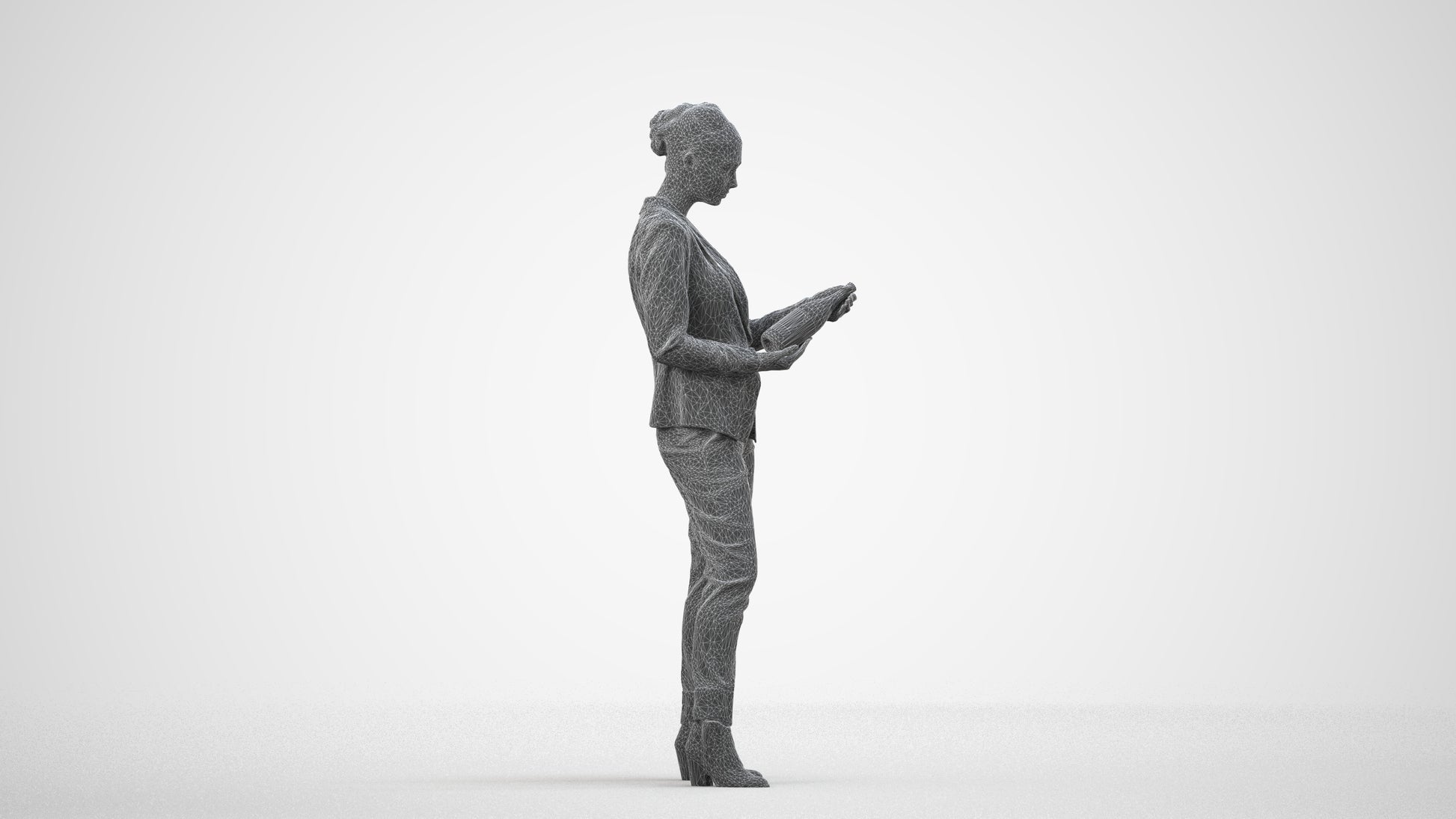realistic 3D human woman business standing, archviz people FBX OBJ for Blender, wireframe side view