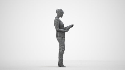 realistic 3D human woman business standing, archviz people FBX OBJ for Blender, wireframe side view