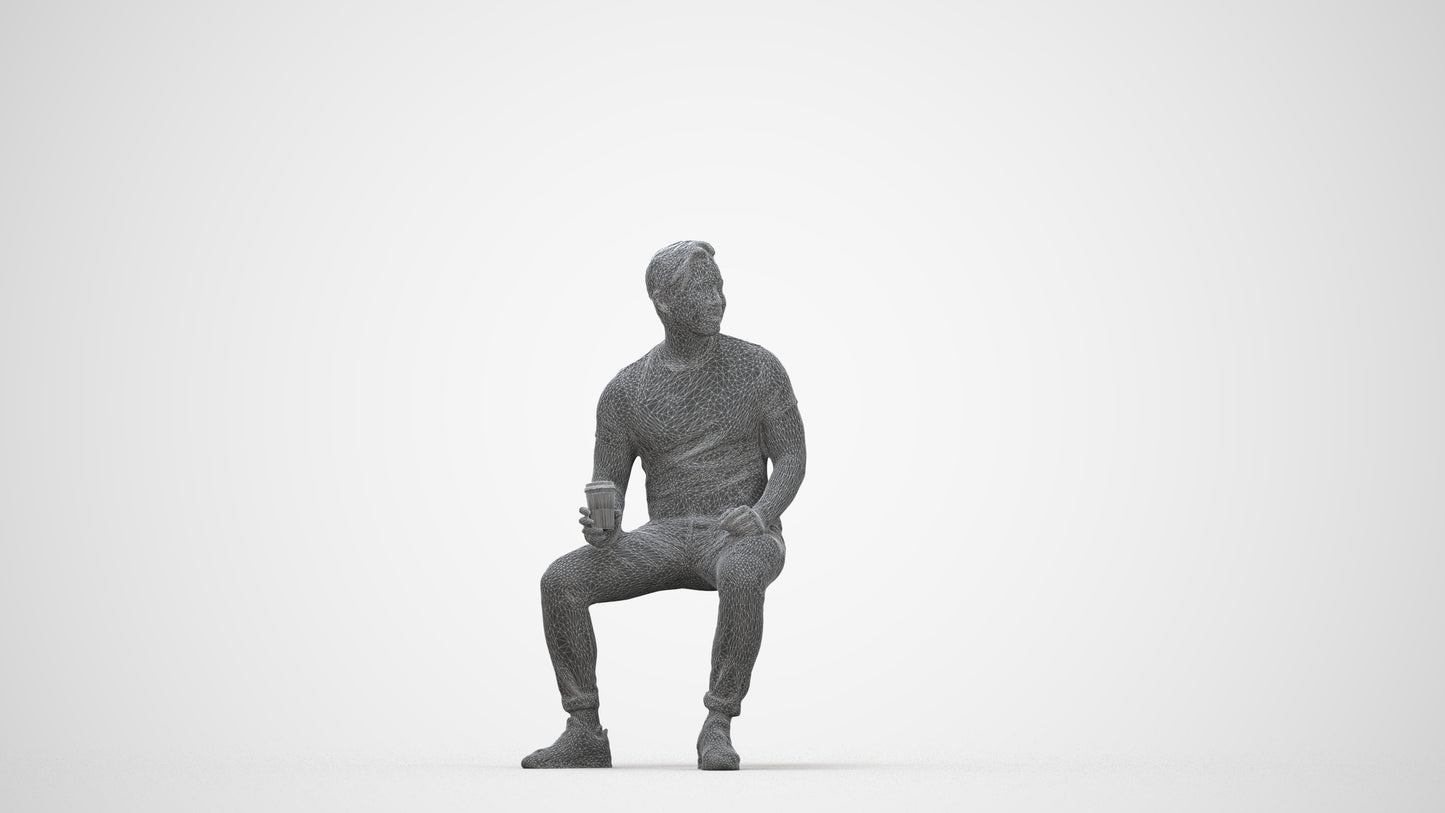 realistic 3D man casual sitting, scanned archviz people for Blender and 3ds Max, wireframe back view