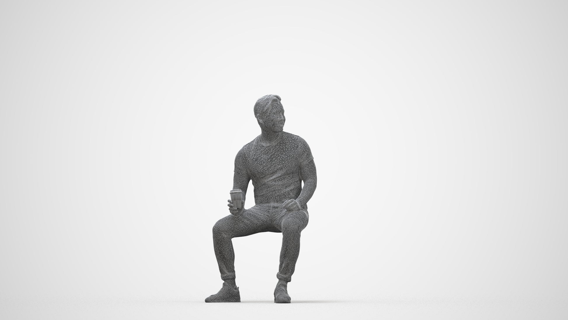 realistic 3D man casual sitting, scanned archviz people for Blender and 3ds Max, wireframe back view
