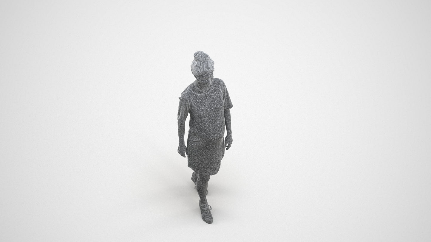 3D scanned woman walking casual, photorealistic archviz people for Enscape and SketchUp, wireframe three-quarter view