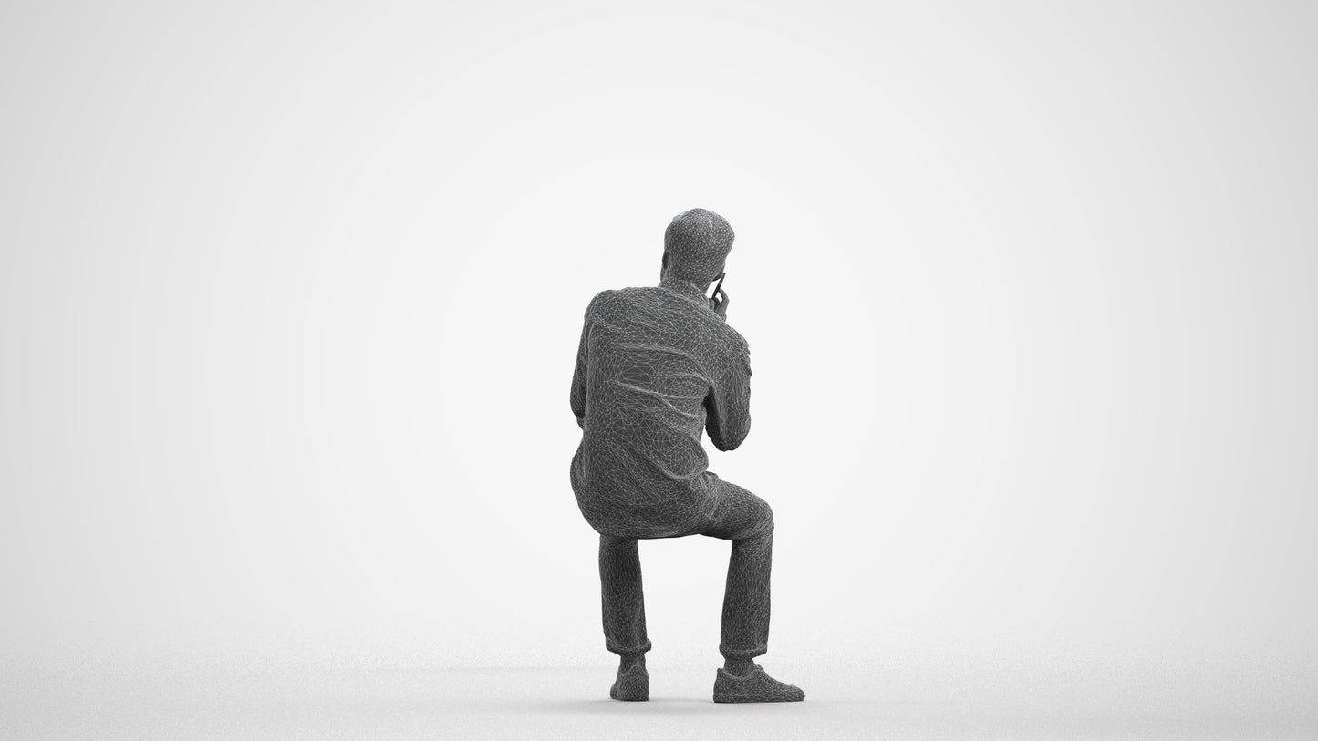 3D scanned man sitting casual, photorealistic archviz people for Enscape and SketchUp, wireframe front view