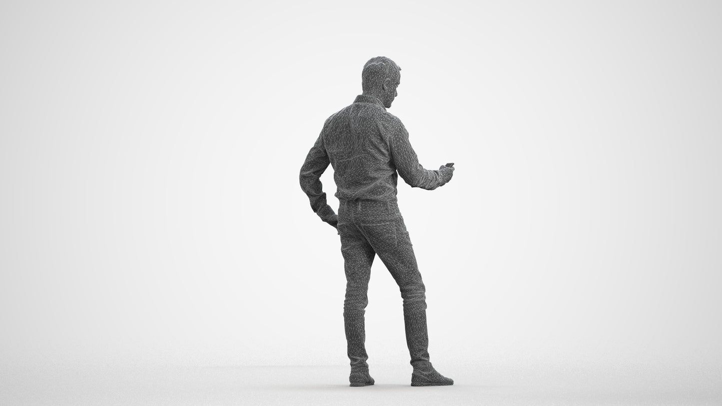 3D scanned man standing business, photorealistic archviz people for Enscape and SketchUp, wireframe front view