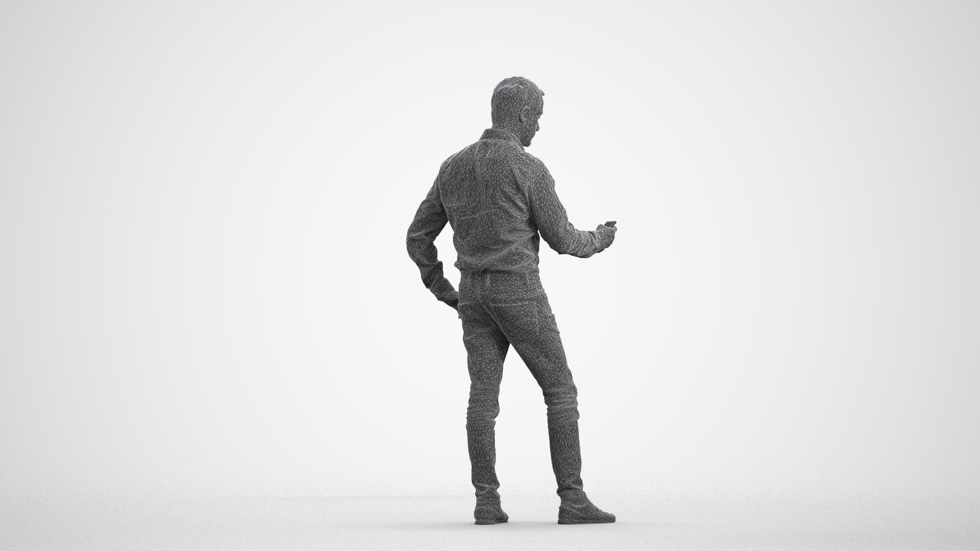 3D scanned man standing business, photorealistic archviz people for Enscape and SketchUp, wireframe front view
