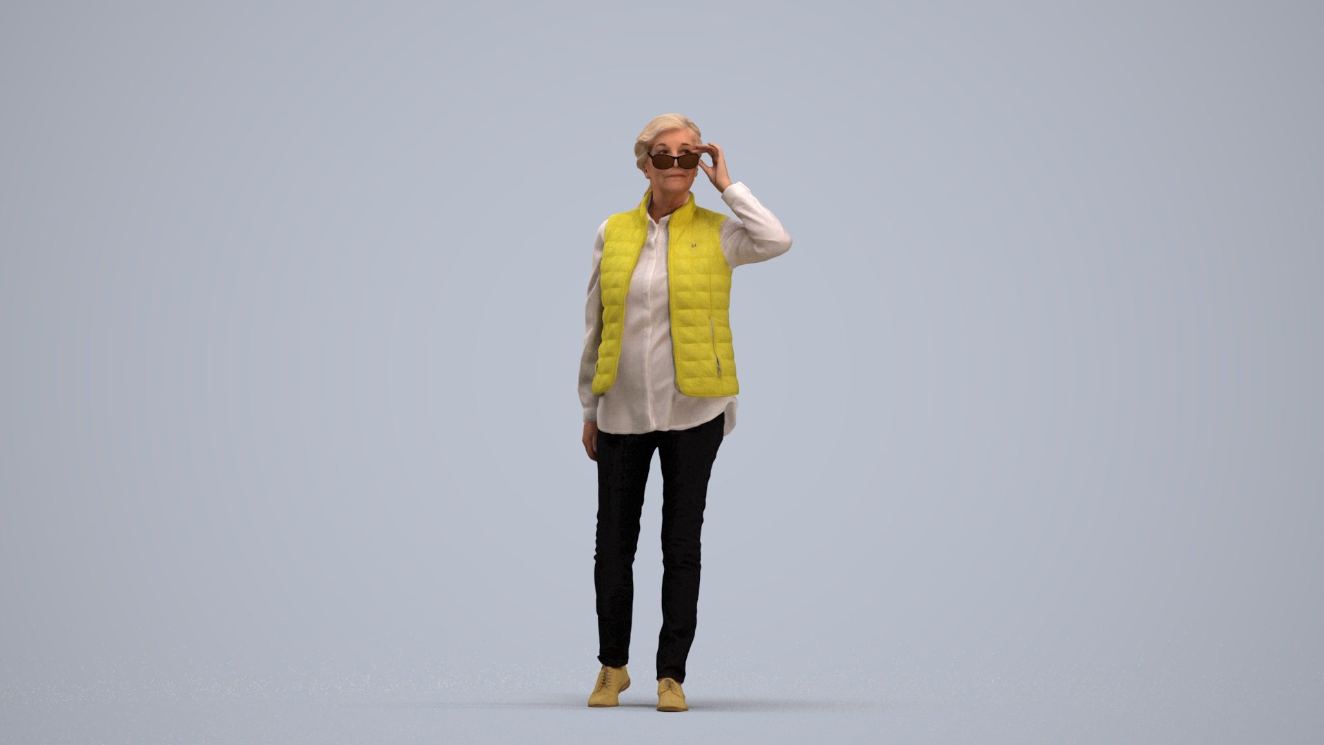 3D human model senior woman casual standing, photogrammetry scanned person for archviz, standing pose render