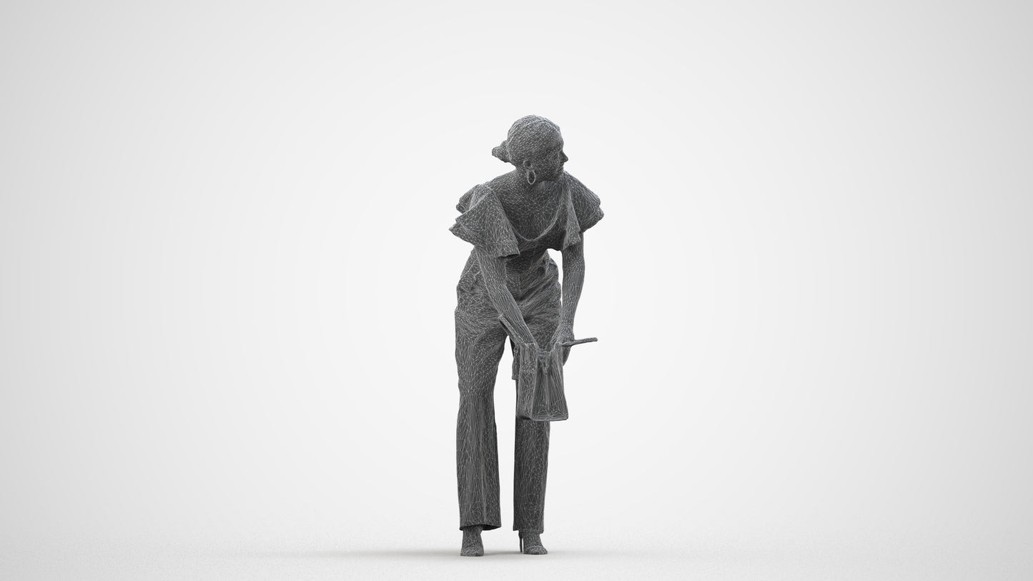 3D scanned woman standing business, photorealistic archviz people for Enscape and SketchUp, wireframe side view
