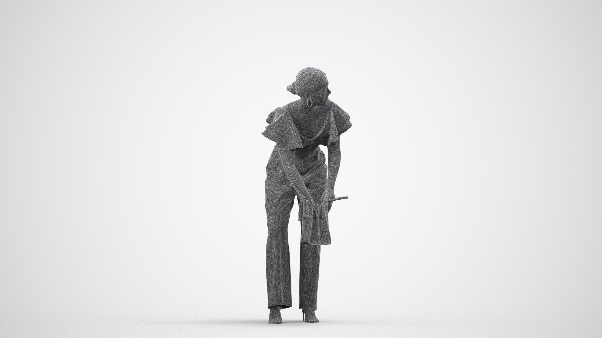3D scanned woman standing business, photorealistic archviz people for Enscape and SketchUp, wireframe side view