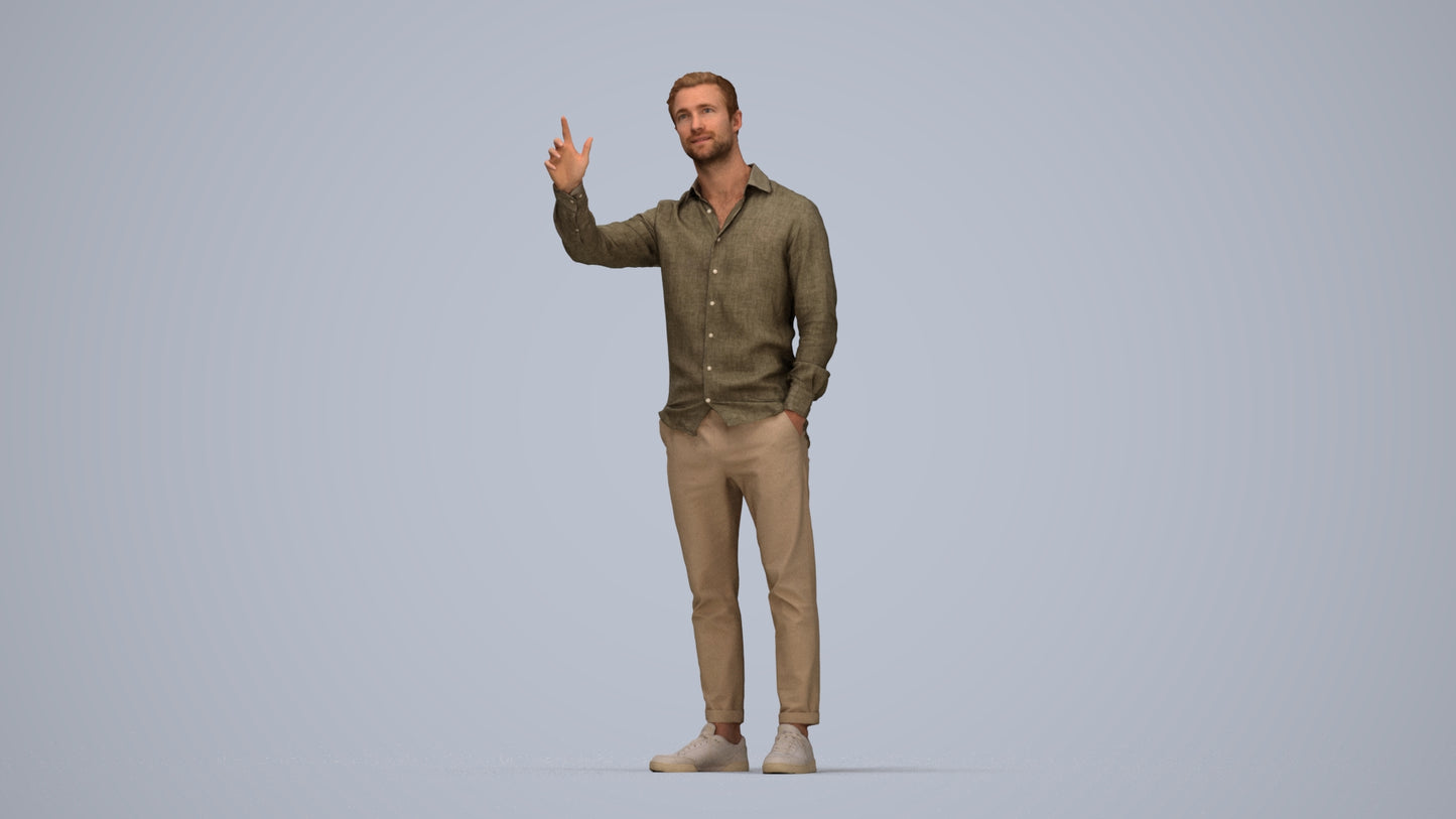 3D human model man casual standing, photogrammetry scanned person for archviz, top-down view render