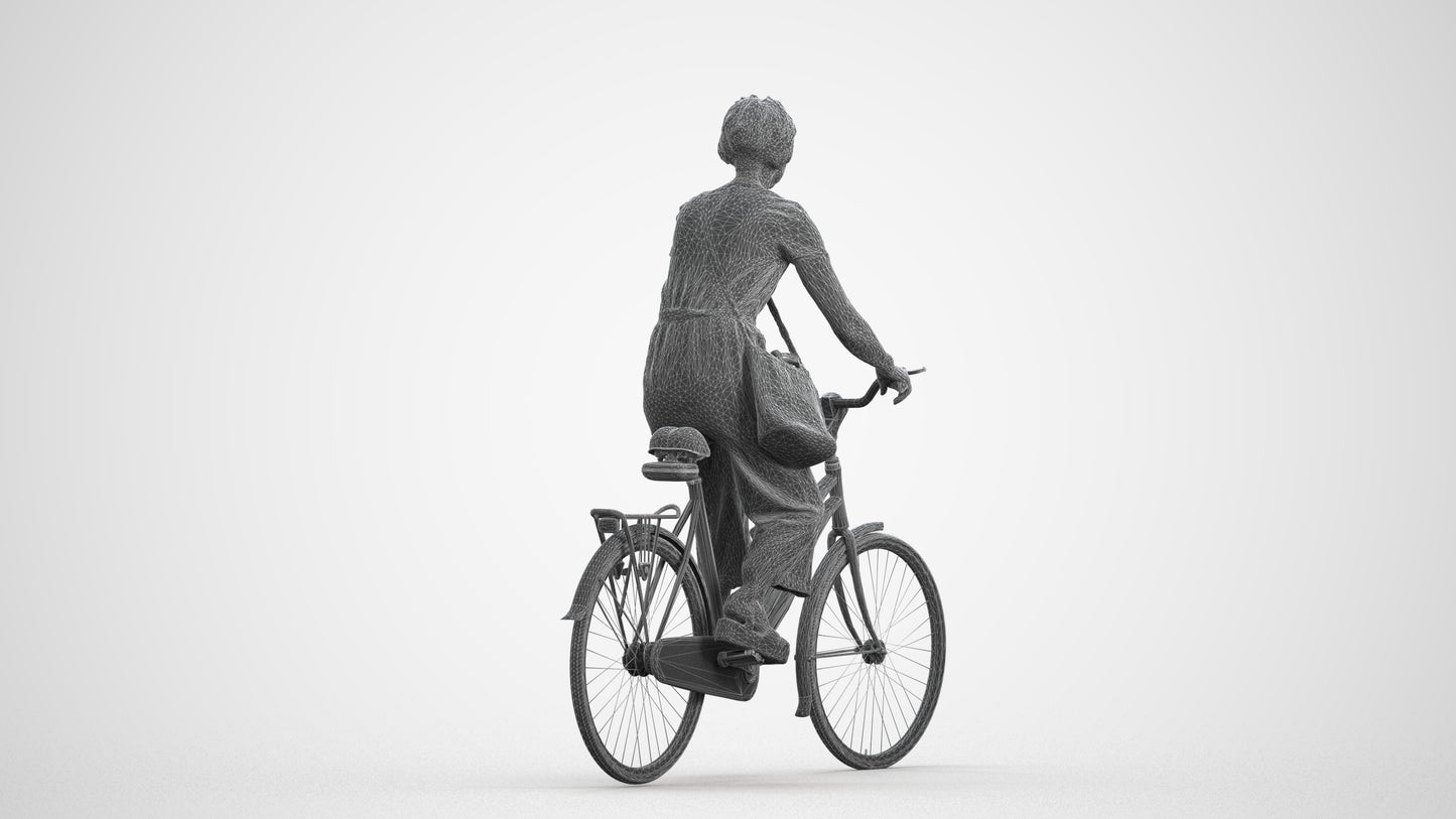 3D scanned senior woman cycling casual, photorealistic archviz people for Enscape and SketchUp, wireframe front view