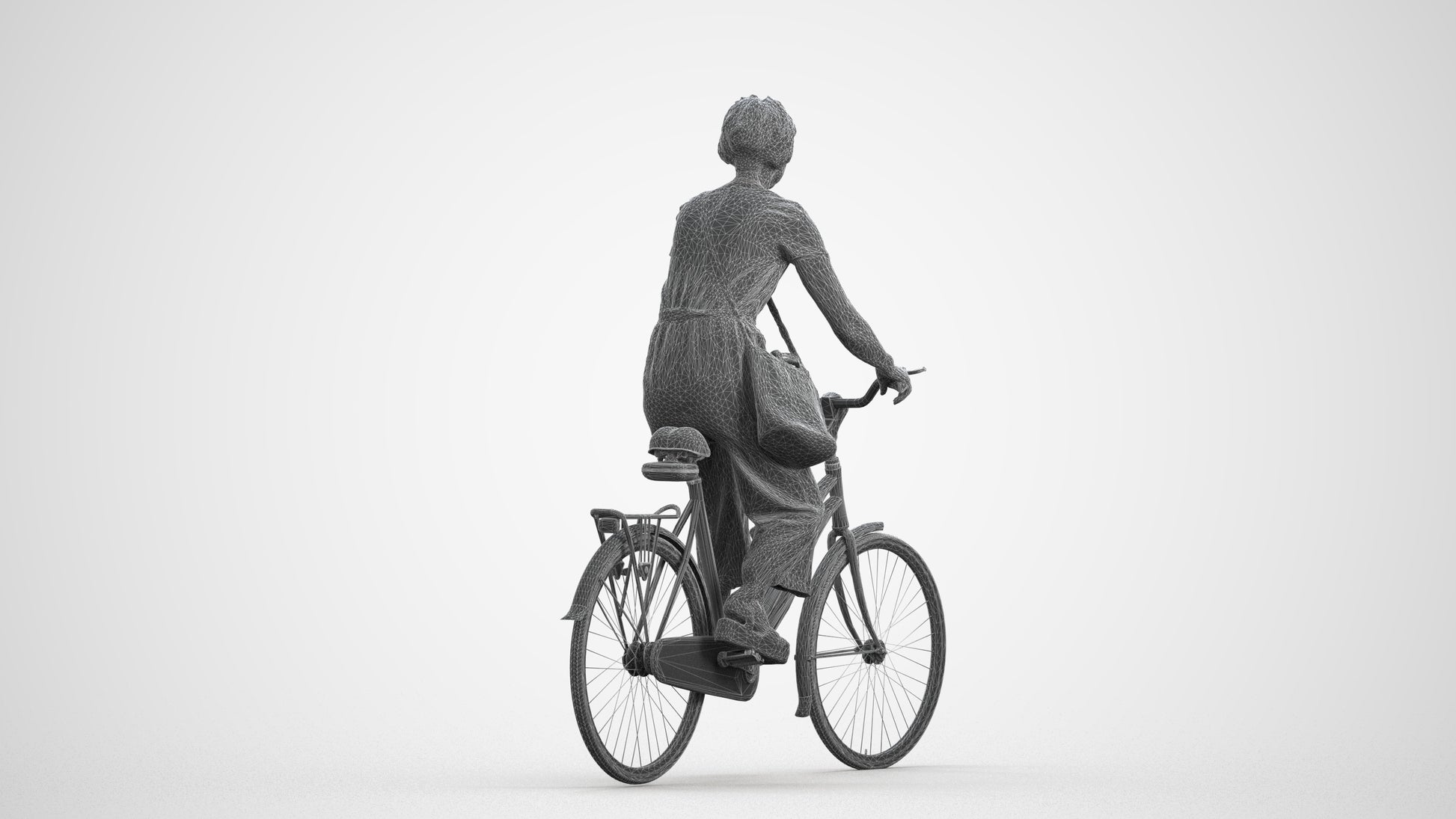 3D scanned senior woman cycling casual, photorealistic archviz people for Enscape and SketchUp, wireframe front view