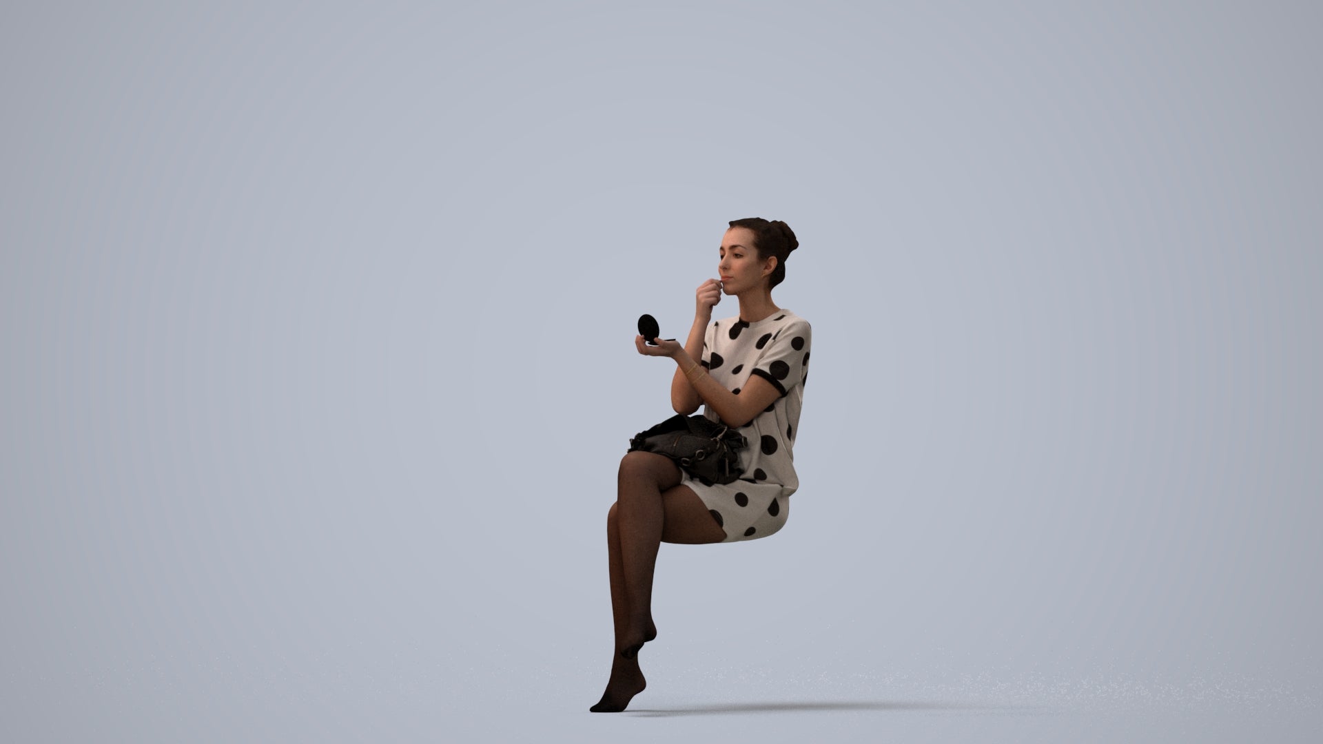 realistic 3D woman casual sitting, scanned archviz people for Blender and 3ds Max, three-quarter view render