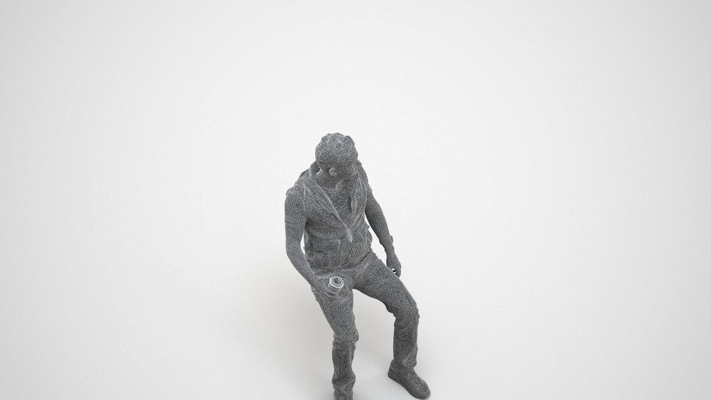 scanned 3D man casual sitting, photogrammetry people for Enscape and V-Ray, wireframe three-quarter view