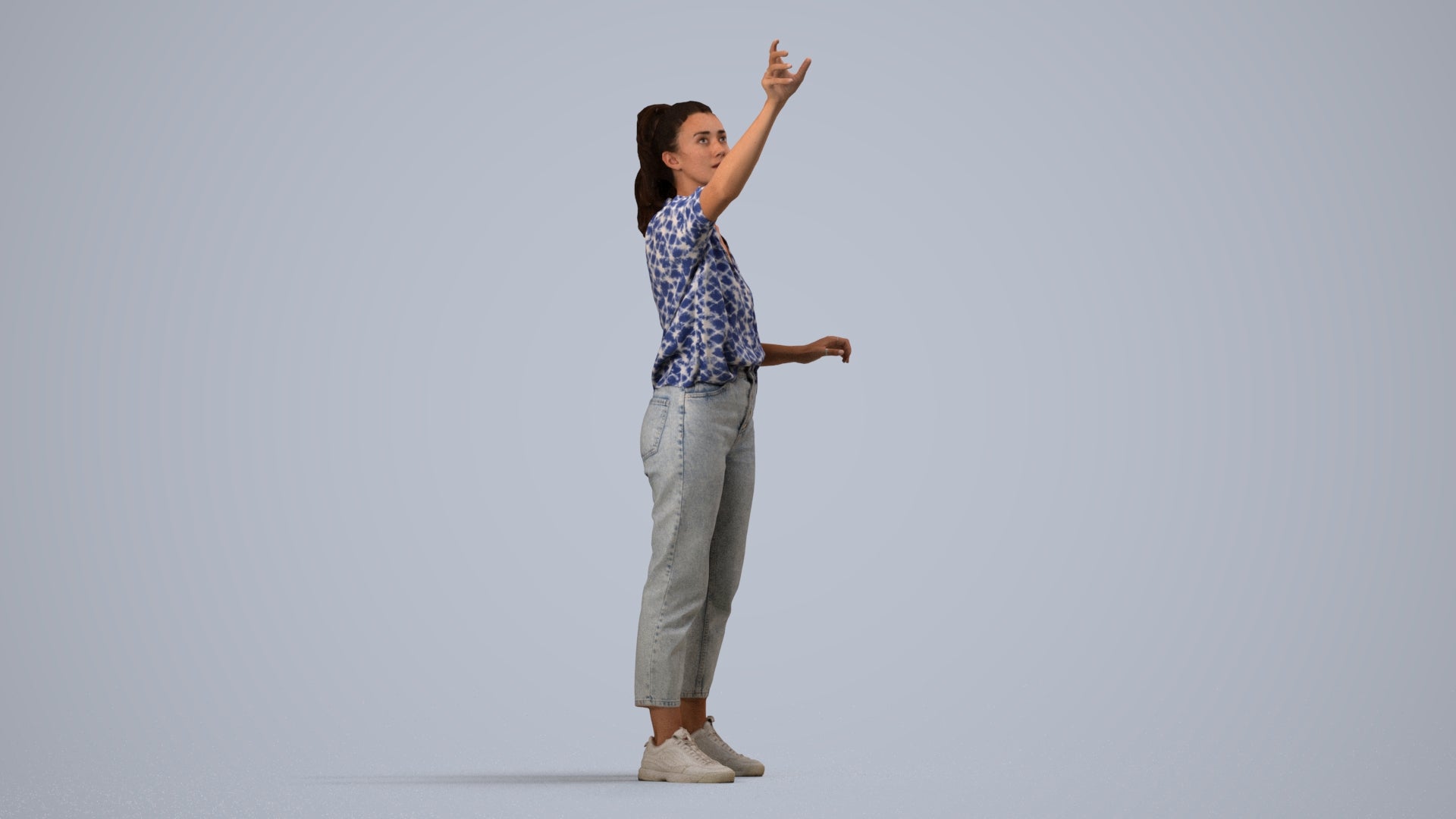 3D scanned woman standing casual, photorealistic archviz people for Enscape and SketchUp, side view render