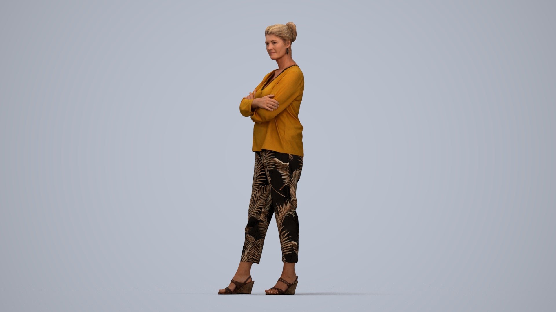 realistic 3D woman casual standing, scanned archviz people for Blender and 3ds Max, top-down view render