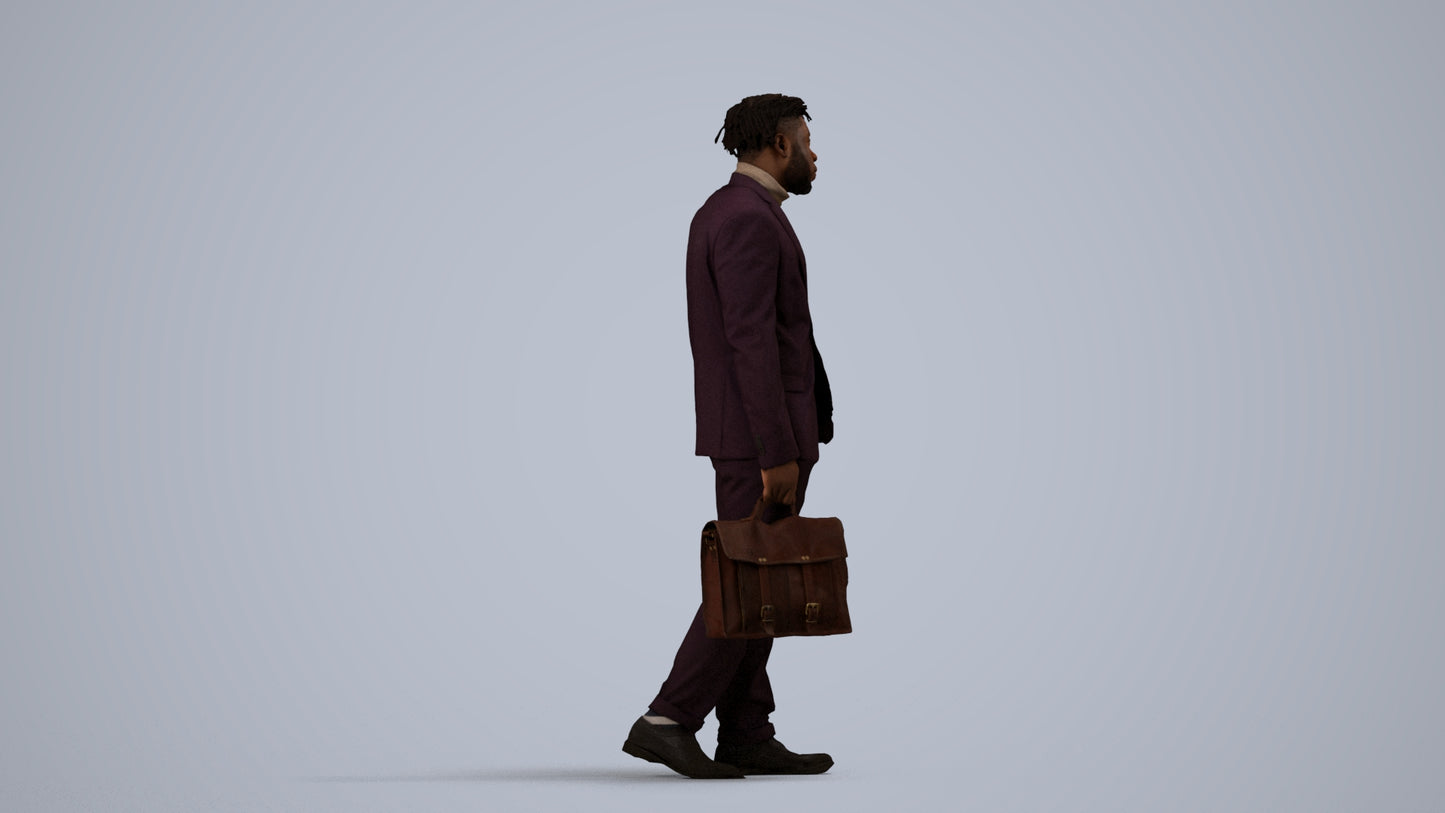 photogrammetry 3D man business walking, realistic human model archviz FBX, side view render