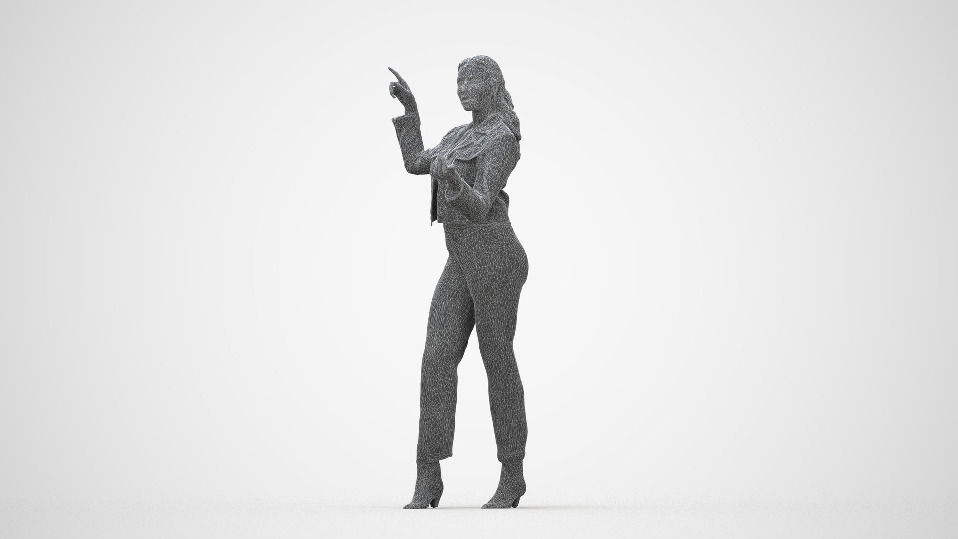 3D scanned woman standing business, photorealistic archviz people for Enscape and SketchUp, wireframe back view