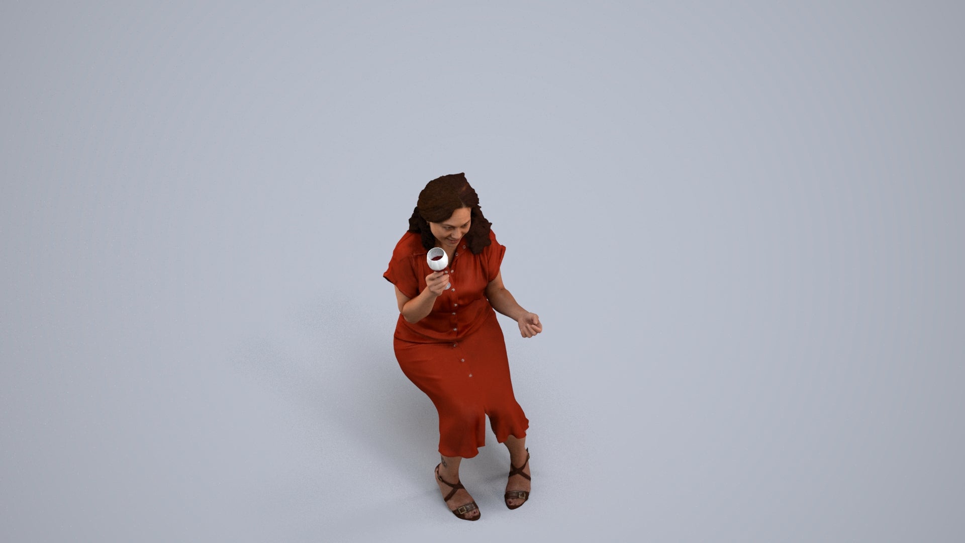 3D human model woman casual sitting, photogrammetry scanned person for archviz, back view render