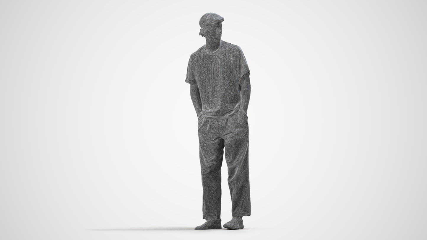 3D scanned man standing casual, photorealistic archviz people for Enscape and SketchUp, wireframe side view