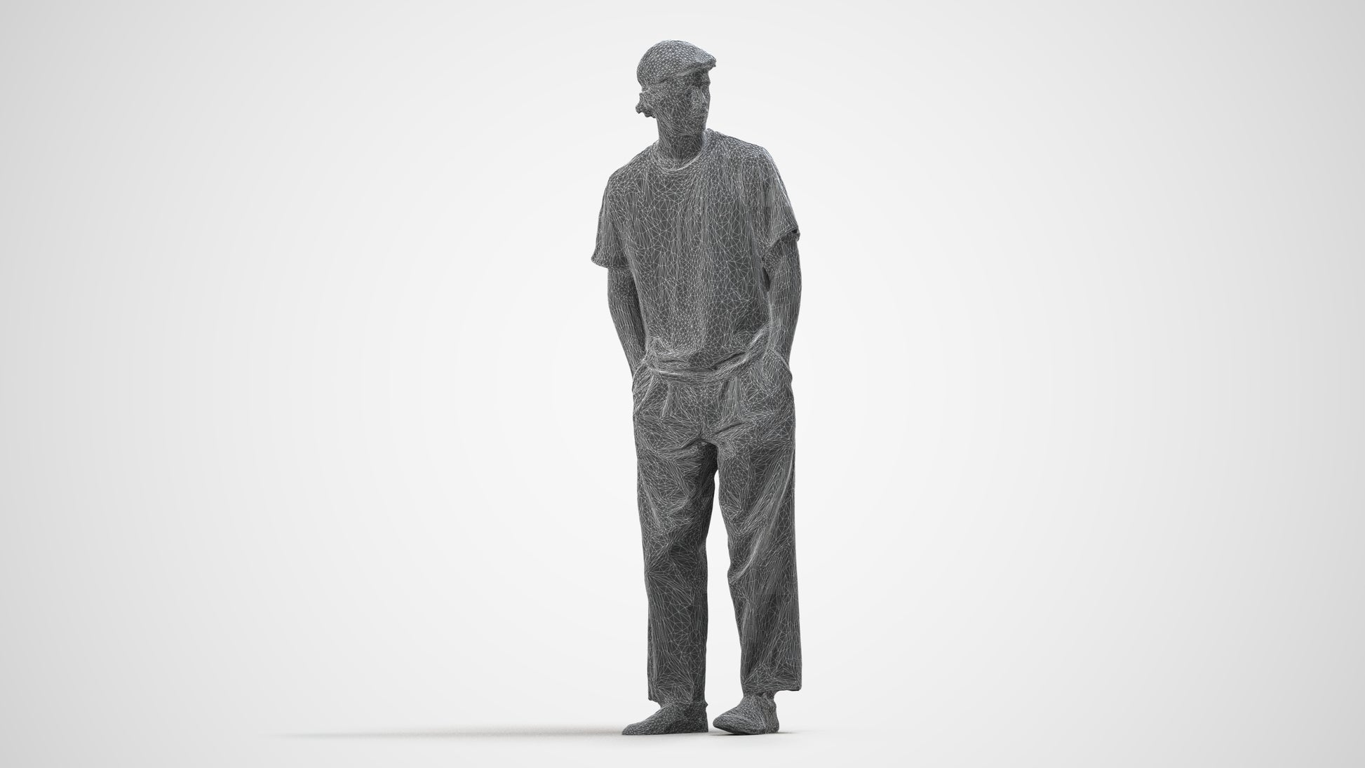 3D scanned man standing casual, photorealistic archviz people for Enscape and SketchUp, wireframe side view