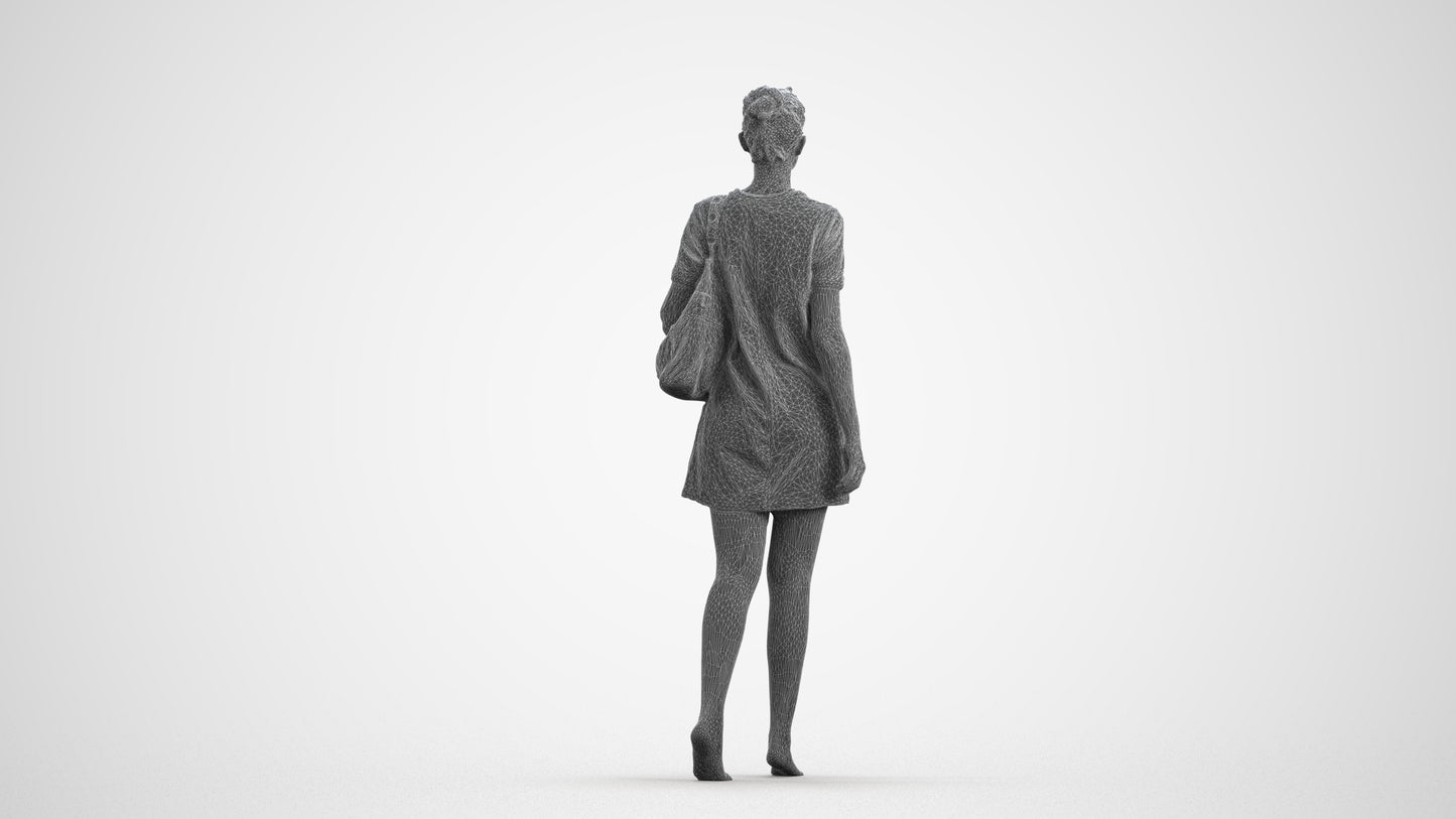 3D scanned woman walking casual, photorealistic archviz people for Enscape and SketchUp, wireframe front view