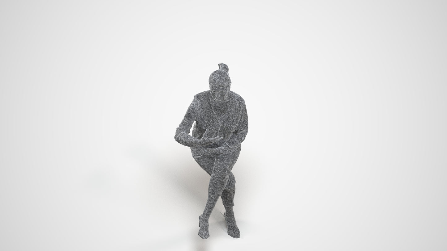 3D human model woman casual sitting, photogrammetry scanned person for archviz, wireframe three-quarter view