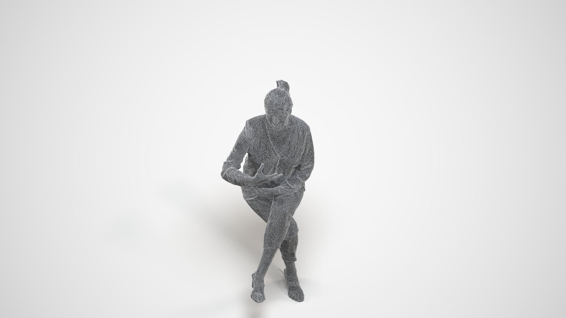 3D human model woman casual sitting, photogrammetry scanned person for archviz, wireframe three-quarter view