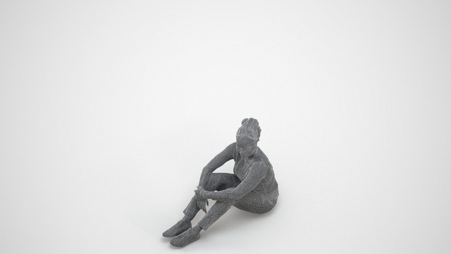 realistic 3D human woman casual sitting, archviz people FBX OBJ for Blender, wireframe three-quarter view