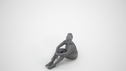 realistic 3D human woman casual sitting, archviz people FBX OBJ for Blender, wireframe three-quarter view