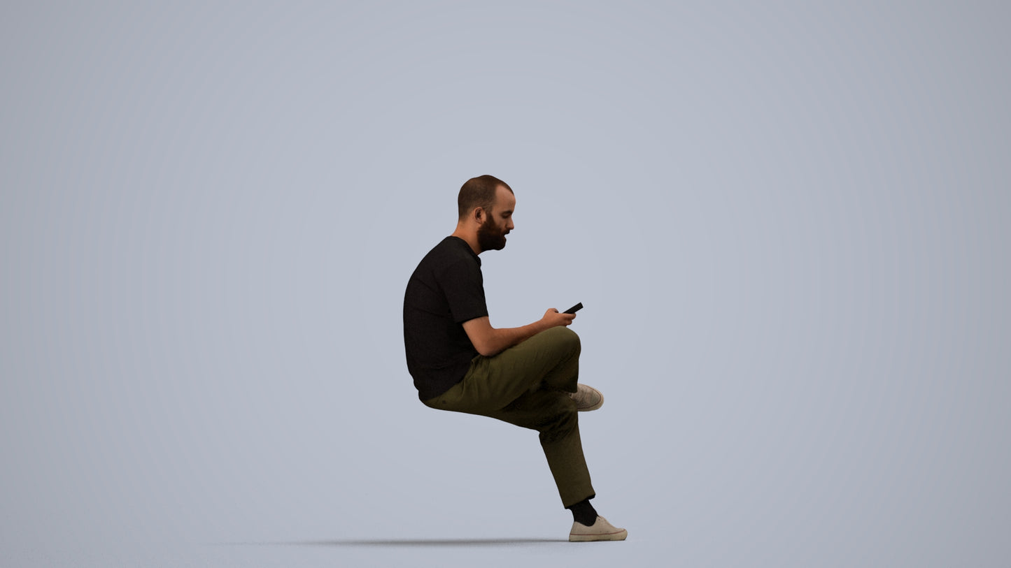 3D scanned man sitting casual, photorealistic archviz people for Enscape and SketchUp, side view render