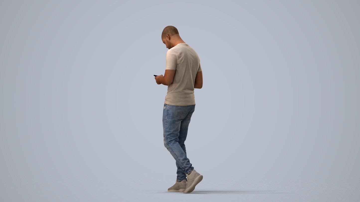 3D scanned man walking casual, photorealistic archviz people for Enscape and SketchUp, three-quarter view render