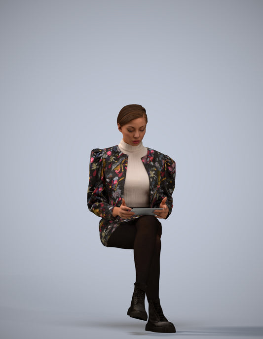 realistic 3D woman business sitting, scanned archviz people for Blender and 3ds Max