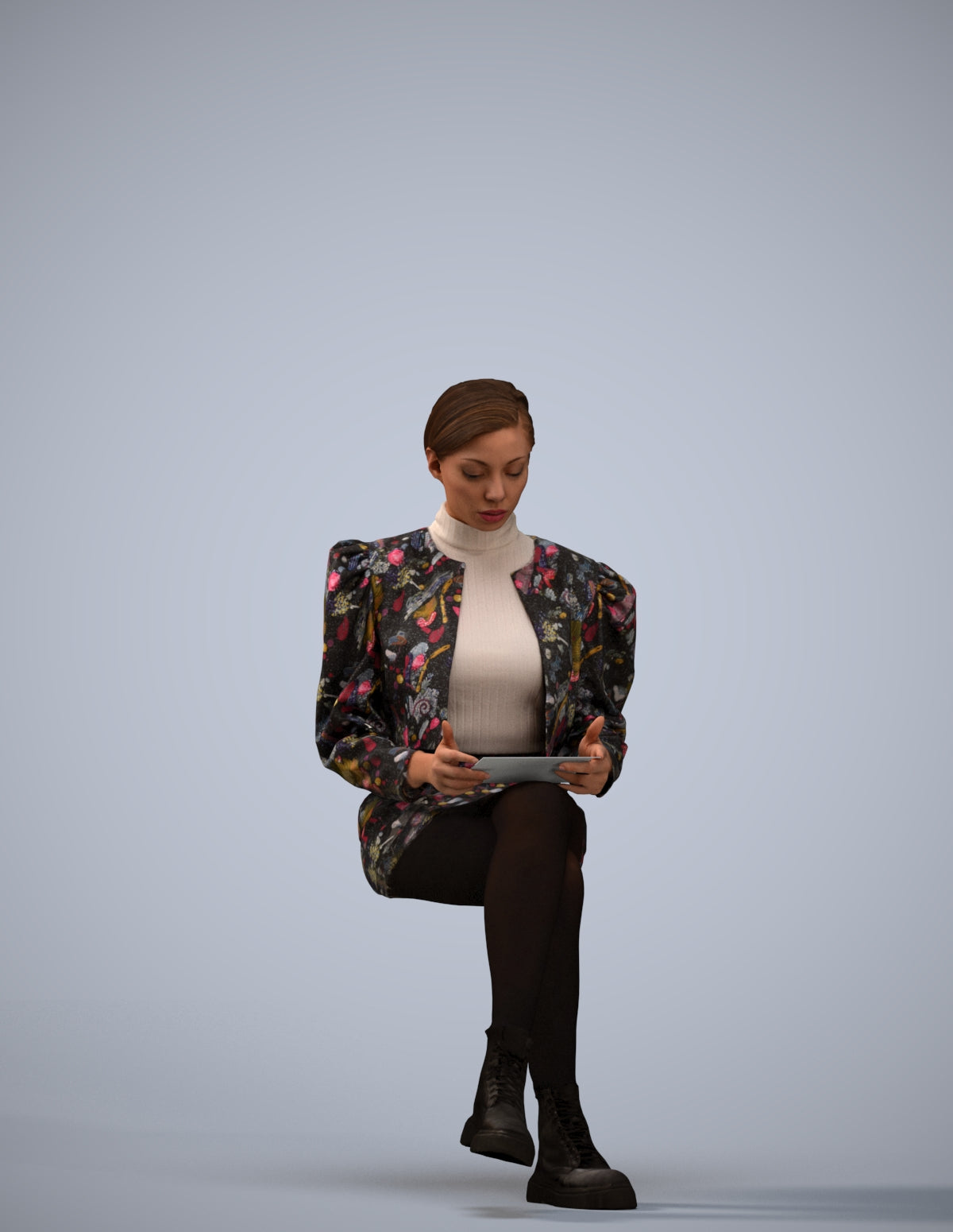realistic 3D woman business sitting, scanned archviz people for Blender and 3ds Max
