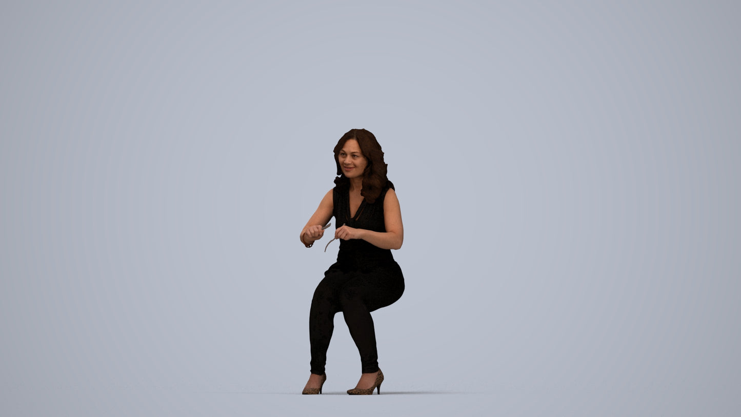 3D human model woman casual sitting, photogrammetry scanned person for archviz, top-down view render