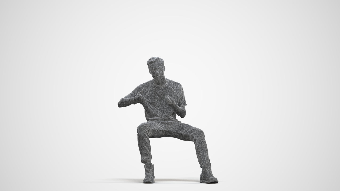 realistic 3D man casual sitting, scanned archviz people for Blender and 3ds Max, three-quarter front view render