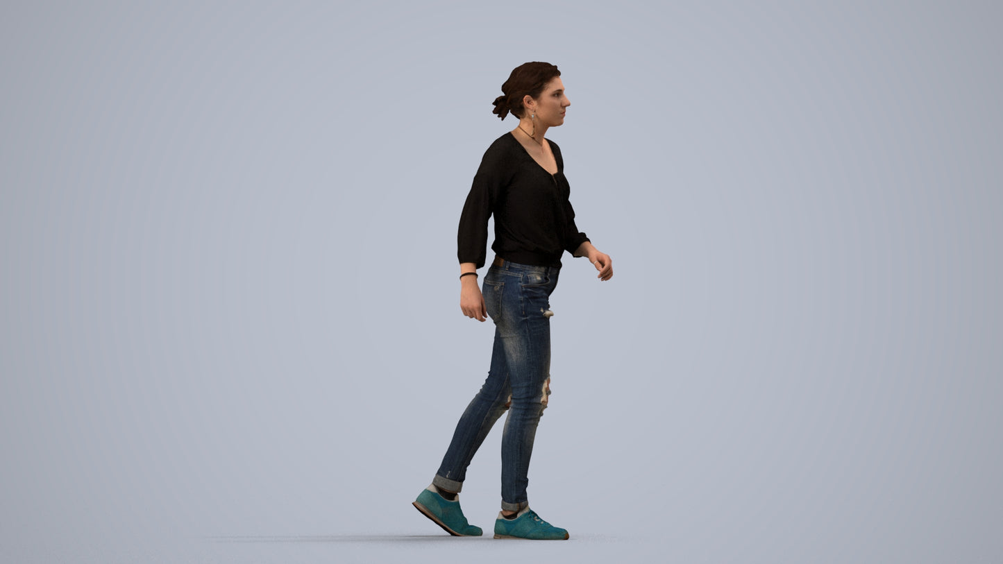 realistic 3D human woman casual walking, archviz people FBX OBJ for Blender, side view render