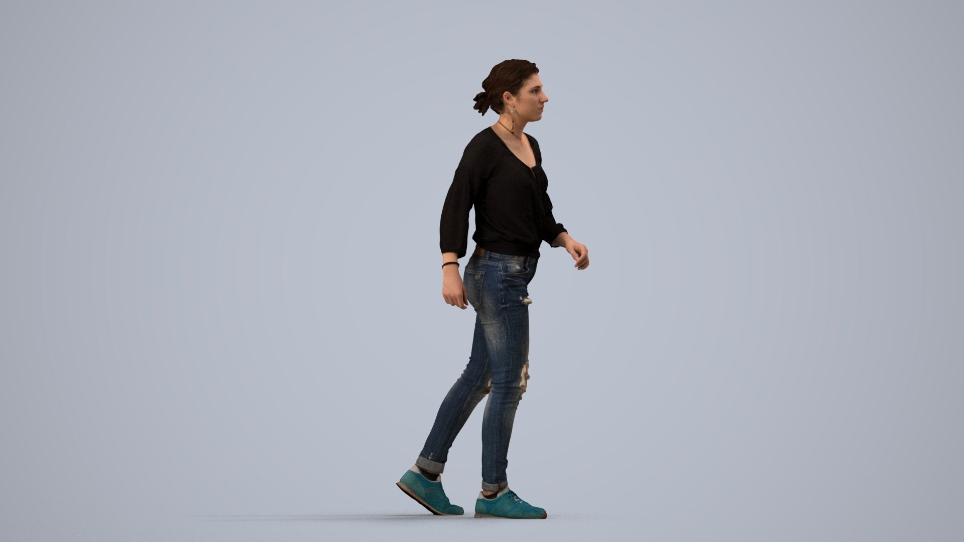 realistic 3D human woman casual walking, archviz people FBX OBJ for Blender, side view render
