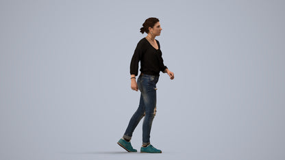 realistic 3D human woman casual walking, archviz people FBX OBJ for Blender, side view render