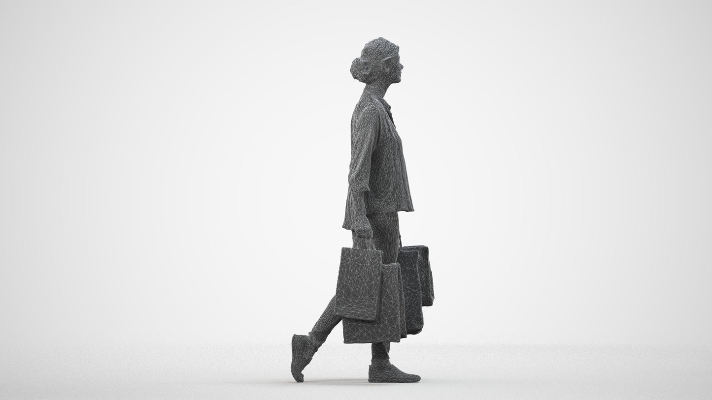 3D scanned woman shopping casual, photorealistic archviz people for Enscape and SketchUp, wireframe side view