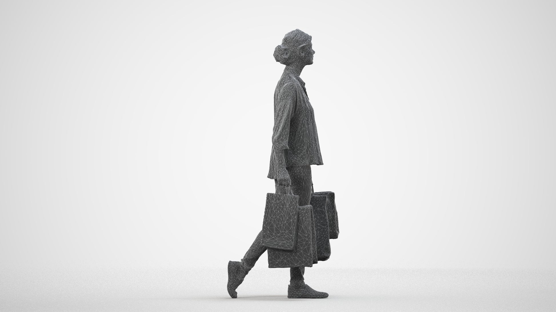 3D scanned woman shopping casual, photorealistic archviz people for Enscape and SketchUp, wireframe side view