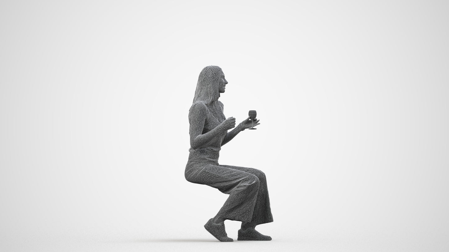 3D people model woman casual sitting, scanned human for 3ds Max rendering, wireframe side view