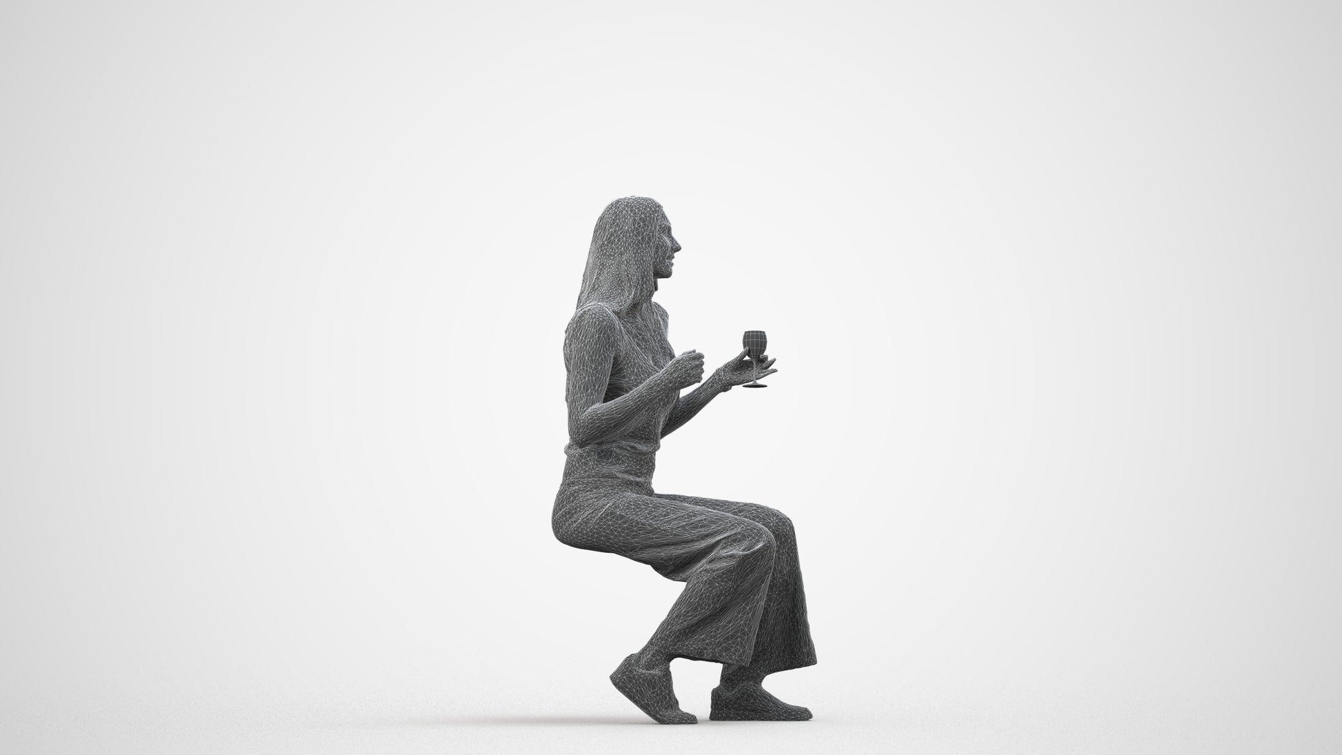 3D people model woman casual sitting, scanned human for 3ds Max rendering, wireframe side view