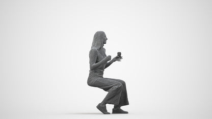 3D people model woman casual sitting, scanned human for 3ds Max rendering, wireframe side view
