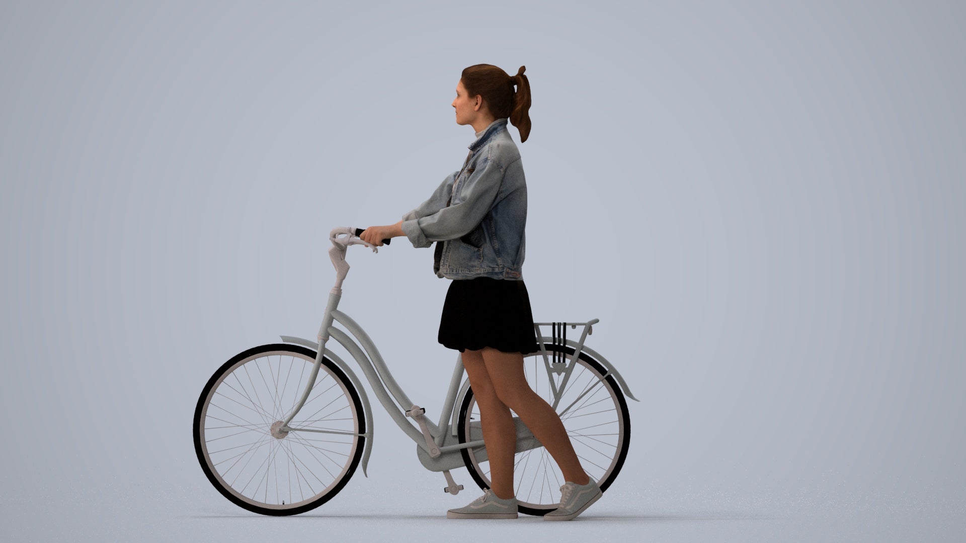 scanned 3D woman casual cycling, photogrammetry people for Enscape and V-Ray, three-quarter view render
