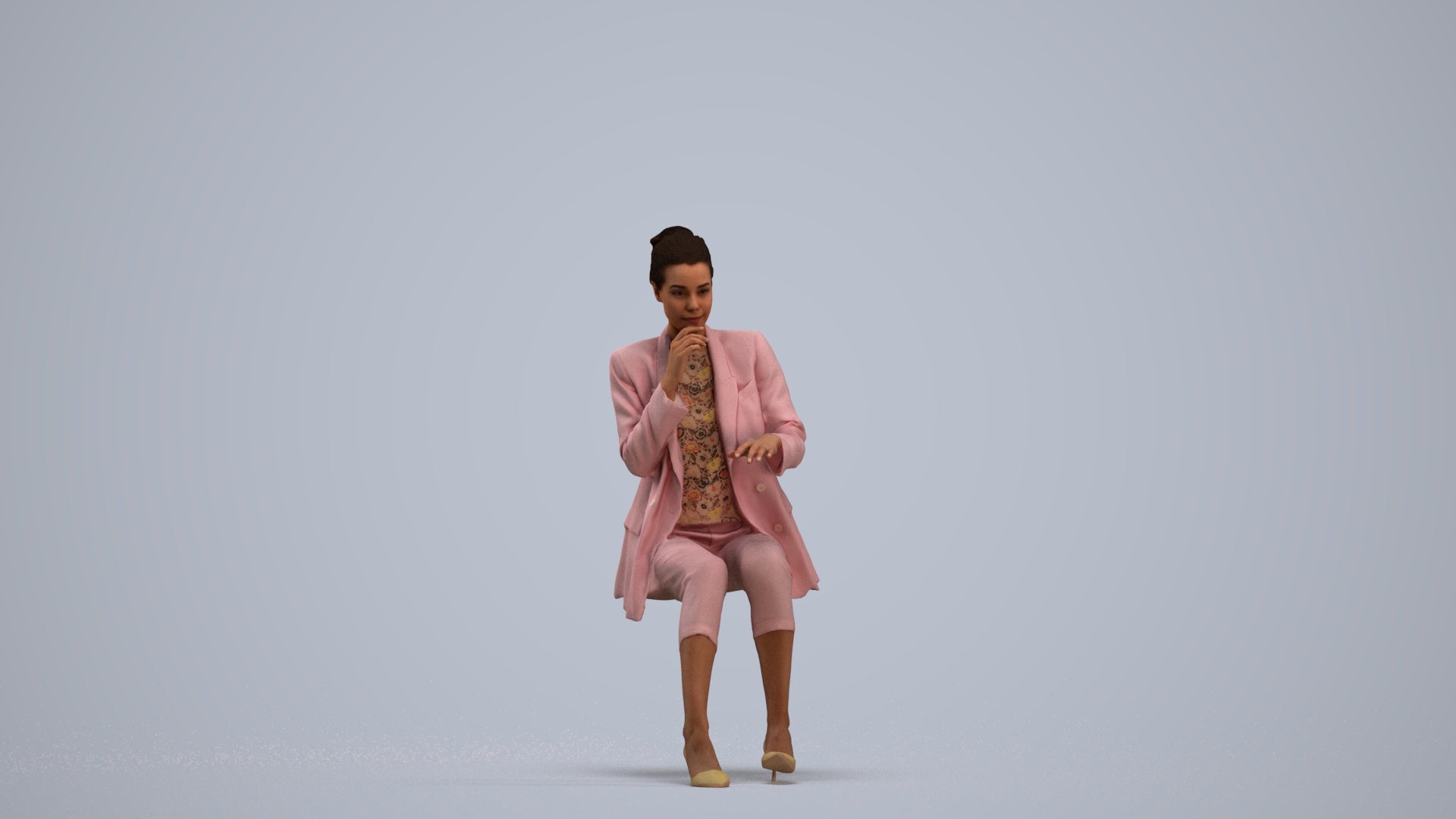 photogrammetry 3D woman business sitting, realistic human model archviz FBX, standing pose render